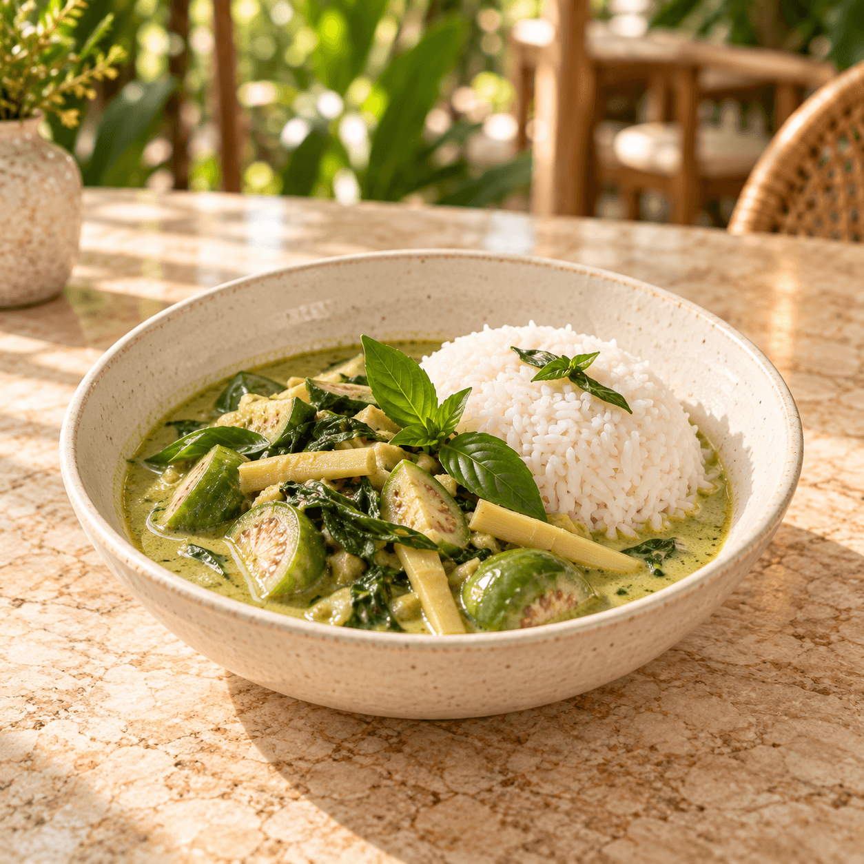 Green curry with Thai eggplant, bamboo, basil and jasmine rice