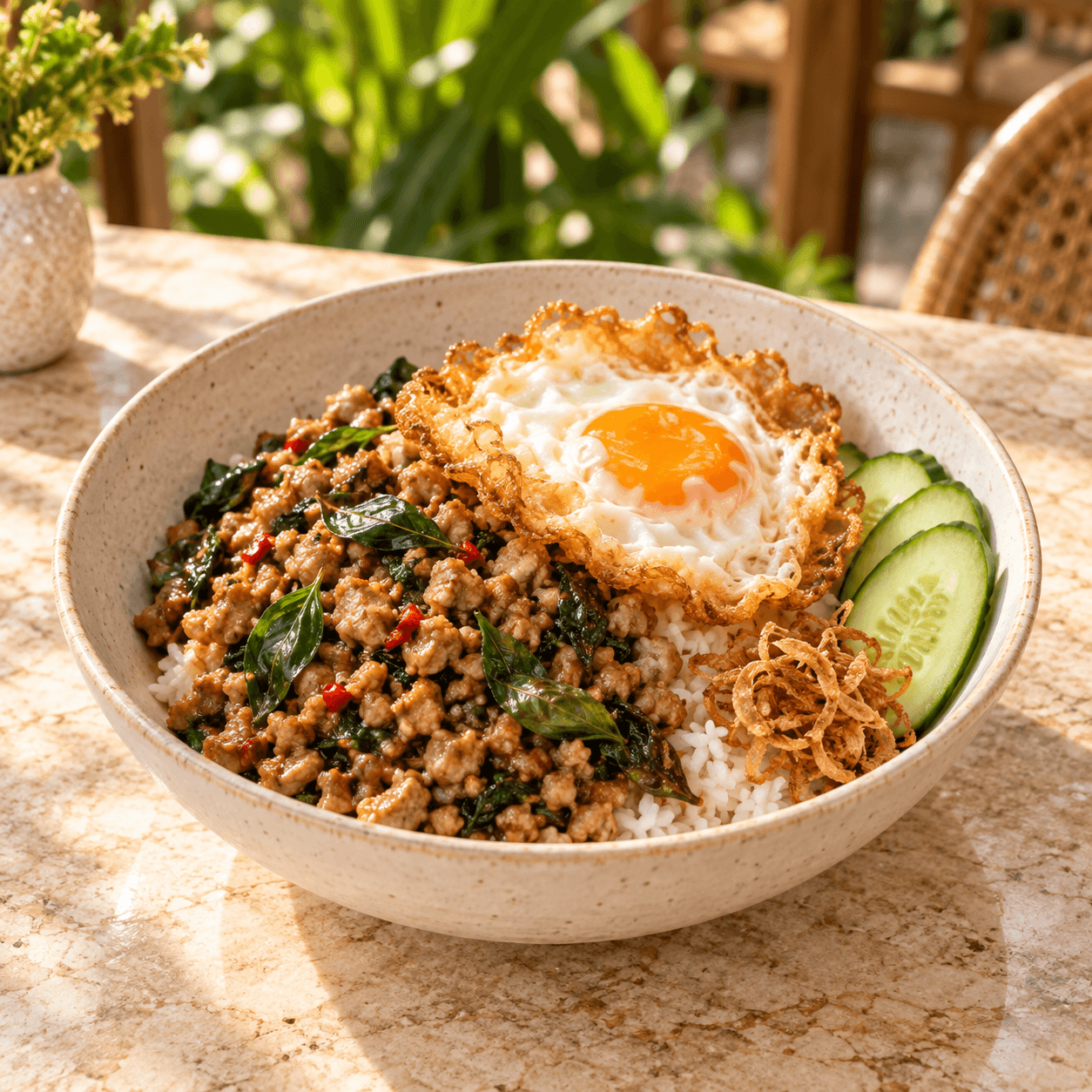 Holy basil chicken, jasmine rice, fried egg and cucumber in a ceramic bowl