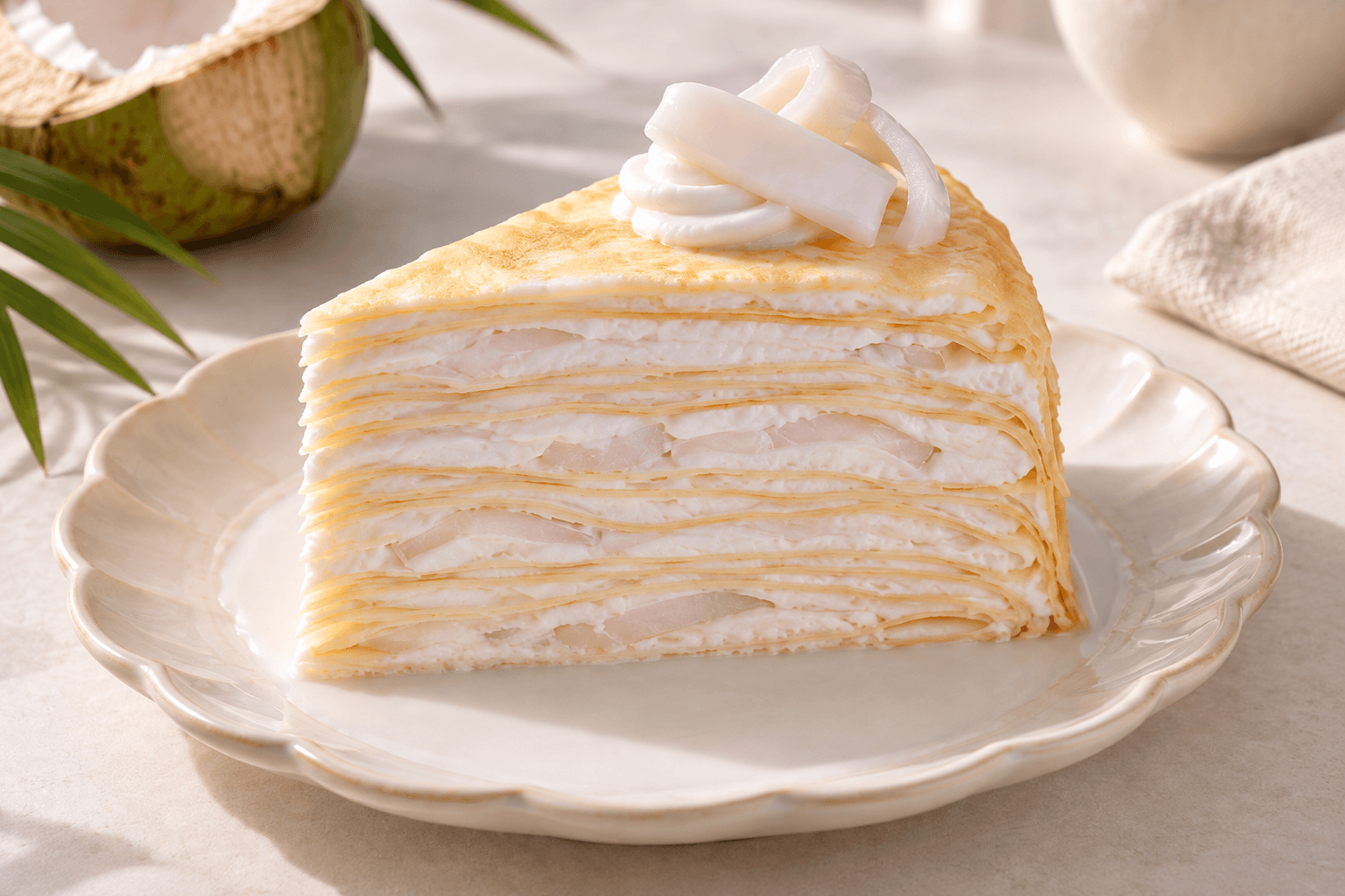 A slice of young coconut crepe cake with delicate cream-filled layers