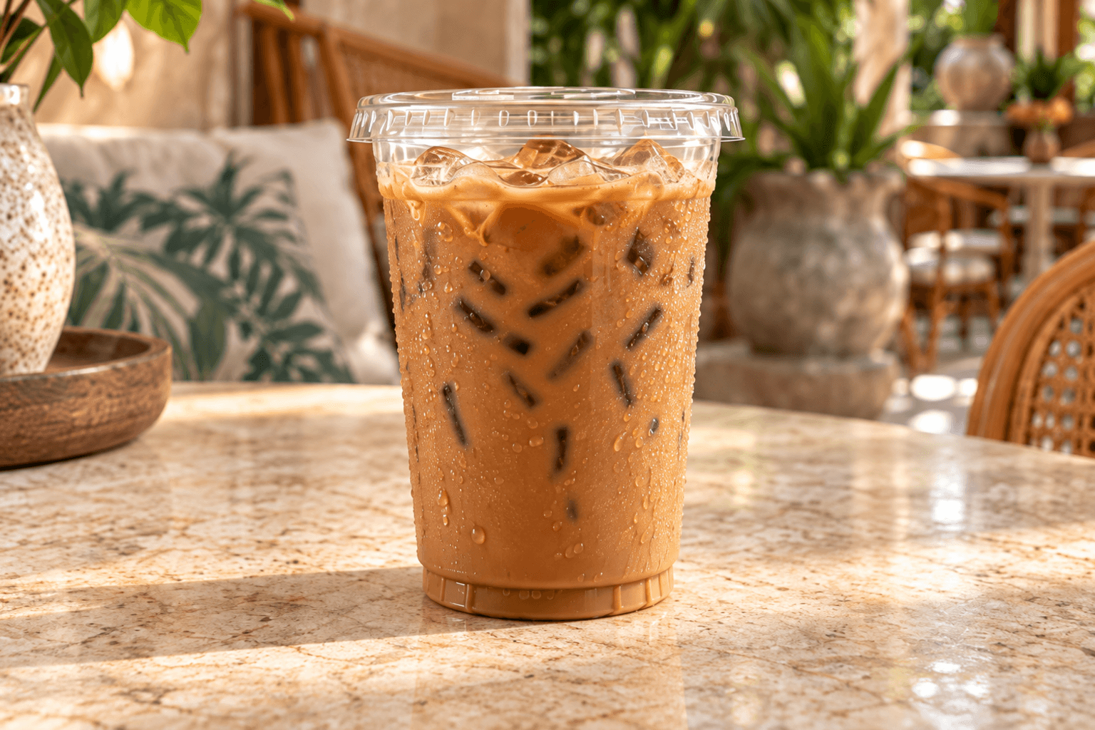 Thai iced coffee on a warm stone table