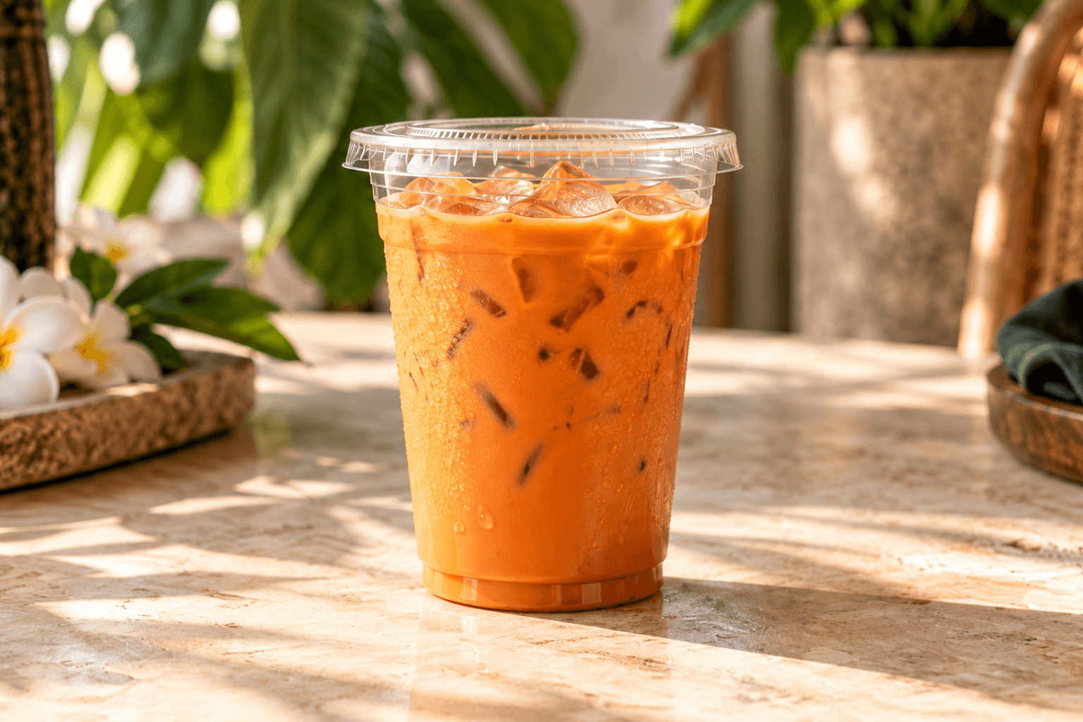 Thai iced tea in a clear takeaway cup