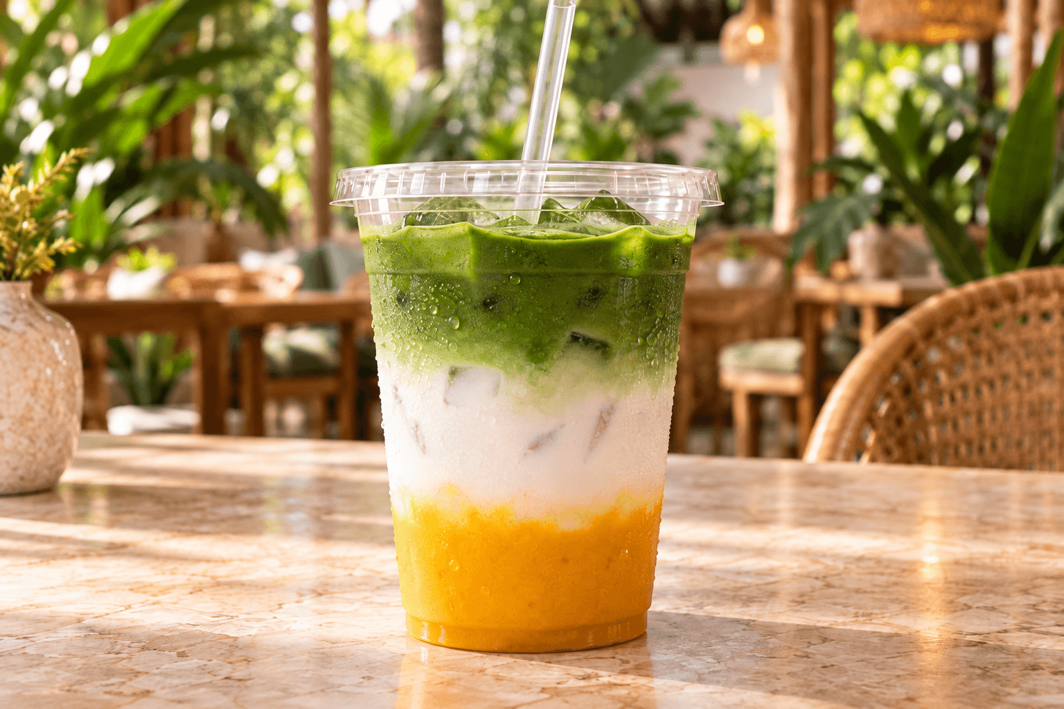 Mango, milk and matcha layered in a clear cup on a sunlit table