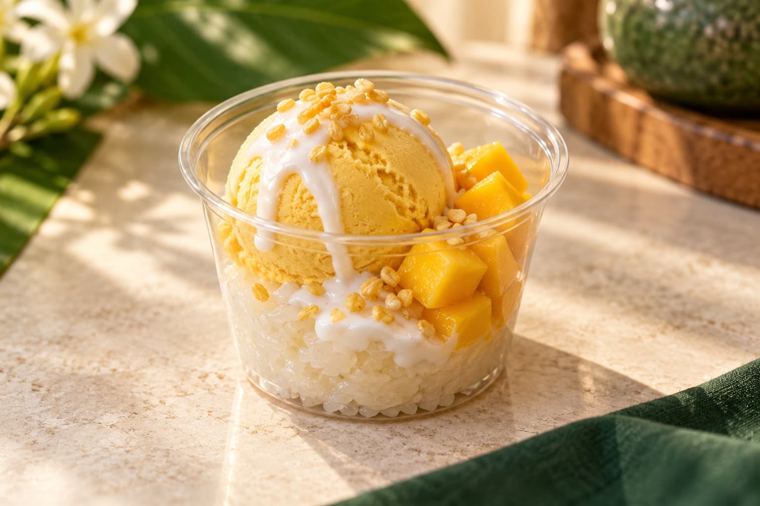 Mango pieces, sticky rice and a golden scoop in a clear dessert cup