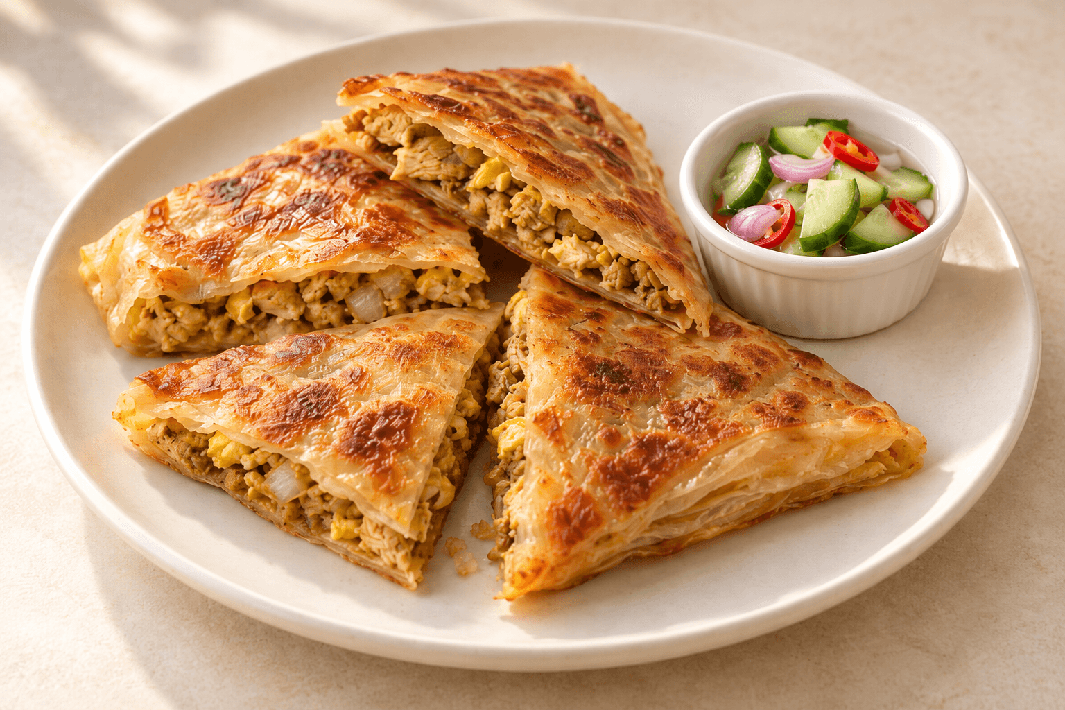 Golden chicken roti mataba with cucumber relish