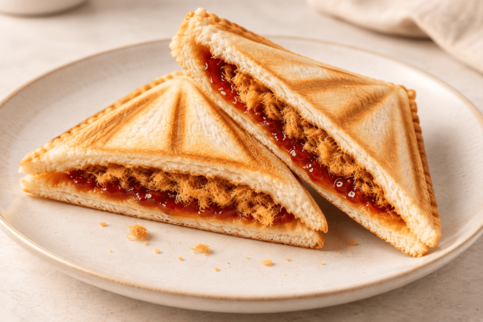 Chili jam and pork floss toastie