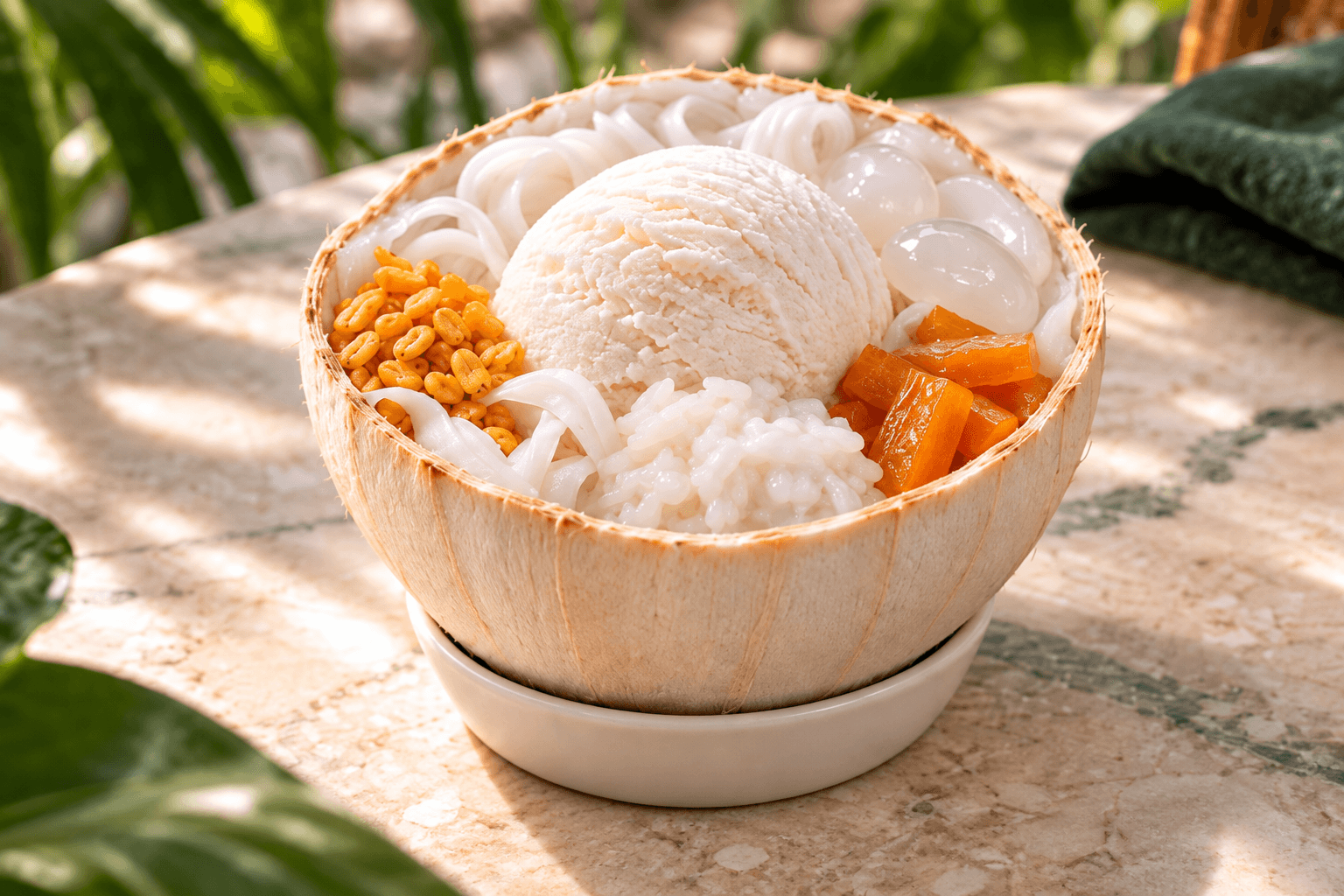 Young coconut ice cream with sticky rice and toppings in a coconut shell