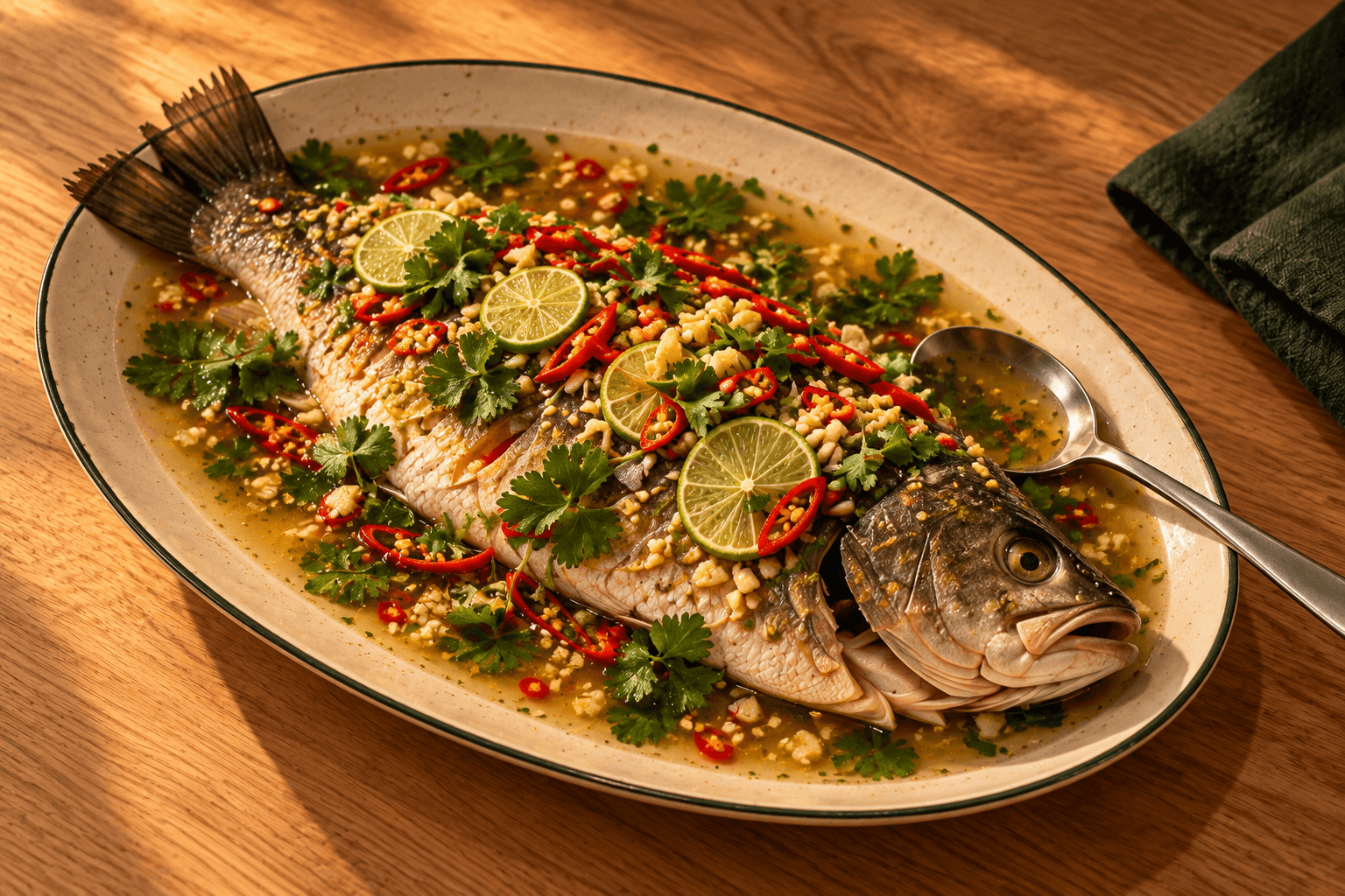 Dinner concept: whole steamed fish with lime, garlic and chili