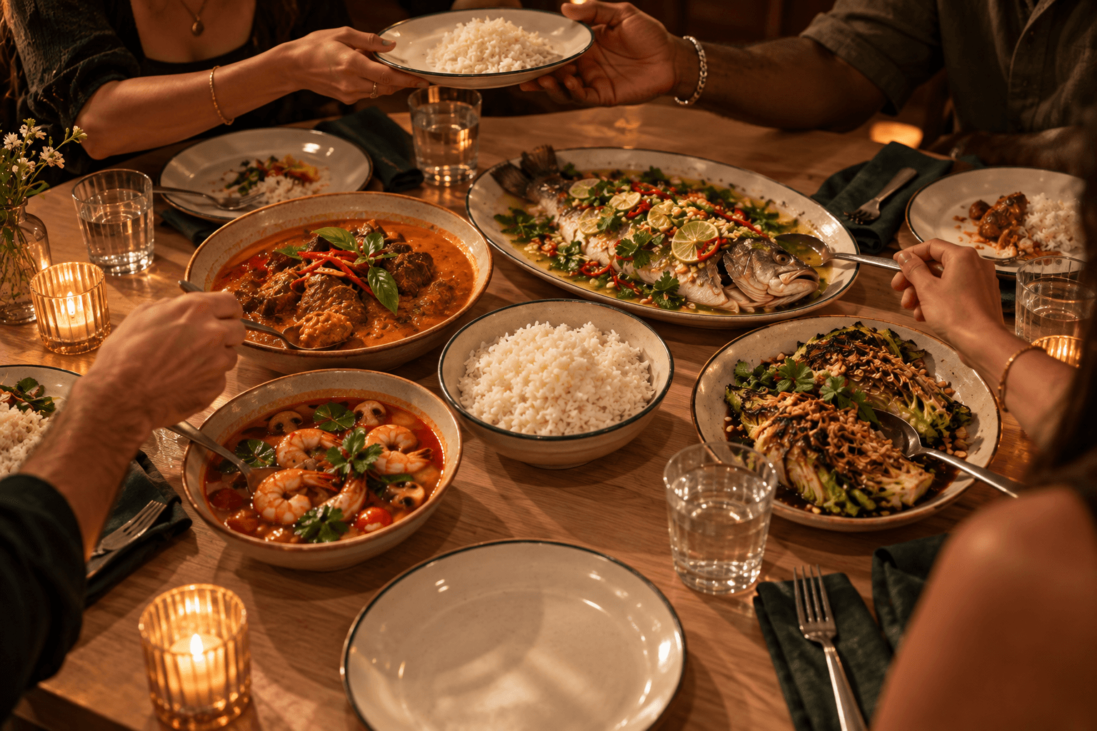 Dinner concept: friends passing Thai dishes around a warmly lit table