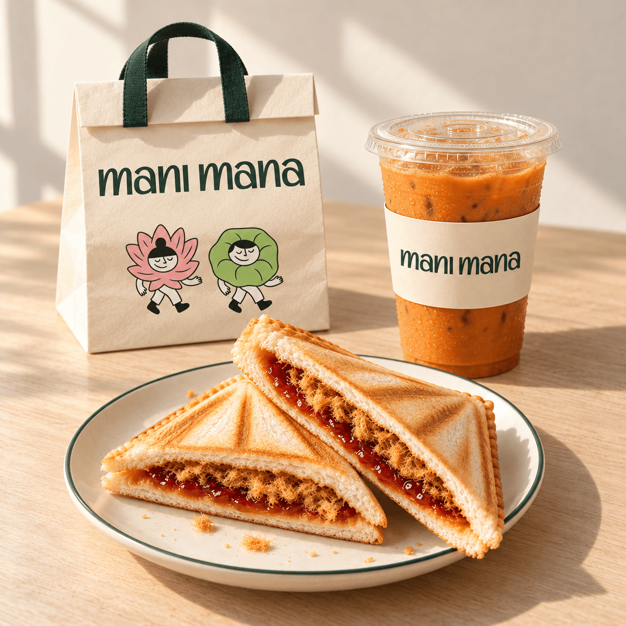 Morning concept: Thai tea and a chili jam–pork floss toastie in the morning light